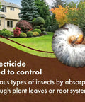 Background image of garden with text describing insecticide effectiveness and grub control; Grub Control 32oz Concentrated Imidacloprid Insecticide For Trees Shrubs And Lawn And Landscape Ornamentals Kills Aphids Japanese Beetles Weevils Grub Larvae And More For Healthy Yard And Ornamentals.