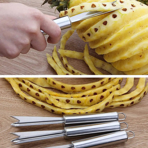 Multipurpose Pineapple Eye Remover Tool With V Shape Stainless Steel Clip cutting pineapple eyes with peel on countertop