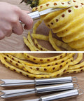 V Shape Stainless Steel Pineapple Eye Peeler Remover Tool For Easy Home Kitchen Prep slicing pineapple on a wooden board