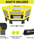 Pickle 360 Outdoor Paddle Ball Game Set For Lawn Beach And Backyard No Court Needed 2 On 2 Family Friendly Fun For Ages 13 Plus Great For Parks Parties With Easy Setup Durable Paddles And Balls, includes wooden paddles, balls, target, and carry case