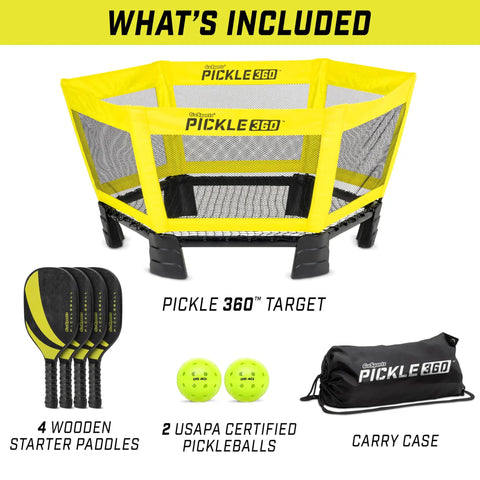 Pickle 360 Outdoor Paddle Ball Game Set For Lawn Beach And Backyard No Court Needed 2 On 2 Family Friendly Fun For Ages 13 Plus Great For Parks Parties With Easy Setup Durable Paddles And Balls, includes wooden paddles, balls, target, and carry case