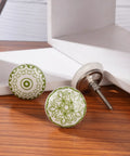 Green White Ceramic Cabinet Knobs Set Of 10 Hand Painted Printed Drawer Pulls For Kitchen Cabinets And Furniture 55mm Height 38mm Diameter Decorative Hardware, green floral front and side views