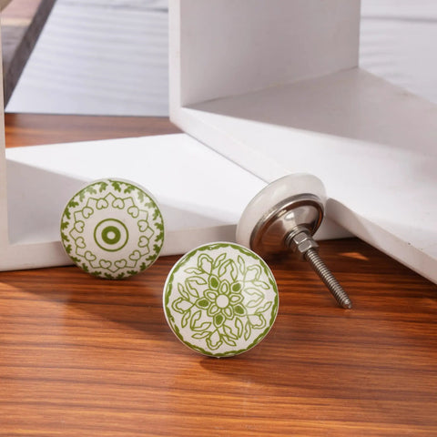 Green White Ceramic Cabinet Knobs Set Of 10 Hand Painted Printed Drawer Pulls For Kitchen Cabinets And Furniture 55mm Height 38mm Diameter Decorative Hardware, green floral front and side views