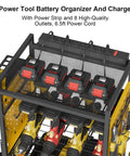 All In One Power Tool Organizer Cart With Charging Station On Wheels Heavy Duty Garage Tool Storage With 8 Outlet Power Strip 2 Hanging Baskets 8 Hooks Drill Bit Holder Battery Storage Yellow