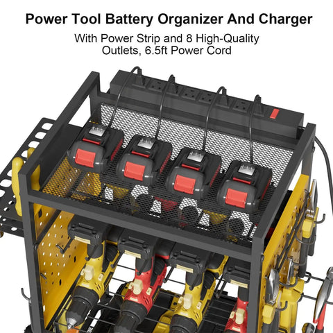 All In One Power Tool Organizer Cart With Charging Station On Wheels Heavy Duty Garage Tool Storage With 8 Outlet Power Strip 2 Hanging Baskets 8 Hooks Drill Bit Holder Battery Storage Yellow
