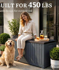 Extra Large 120 Gallon Outdoor Storage Deck Box With No Sweat Hydraulic Lift Lid used as a bench with a woman and dog.