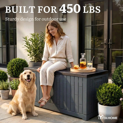 Extra Large 120 Gallon Outdoor Storage Deck Box With No Sweat Hydraulic Lift Lid used as a bench with a woman and dog.