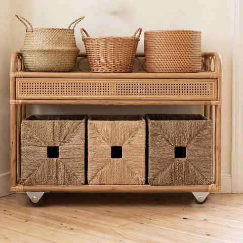 Wicker shelving unit with baskets on heavy duty non swivel drawer caster wheels 0.5 inch low profile set of four with rigid frame.