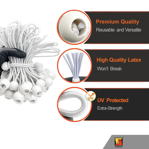 6 Inch Heavy Duty 5mm Ball Bungee Canopy Cords Set 100 Pieces White Durable Elastic Ties for Tents Gazebos Outdoor Shade