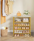 Real Deal Five Tier Shoe Rack Organizer For Up To Twenty Pairs Of Shoes Featuring Slick White And Gold Metal Mesh Shelves With Spacious Top Deck in an entryway.