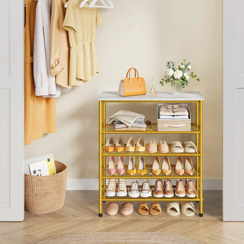 Real Deal Five Tier Shoe Rack Organizer For Up To Twenty Pairs Of Shoes Featuring Slick White And Gold Metal Mesh Shelves With Spacious Top Deck in an entryway.