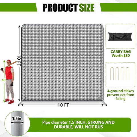 Baseball And Softball Pitching Screen With Ten By Ten One And A Half Inch Steel Frame Heavy Duty Batting Net With Portable Carry Bag