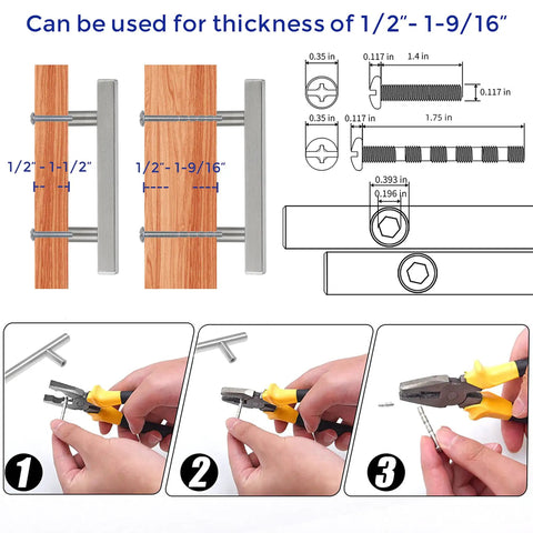 Installation guide for 30 Pack 6 Inch Square Cabinet Pulls In Brushed Nickel Stainless Steel, detailed measurements and tools shown.