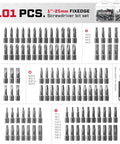 Heavy Duty 101 Piece Screwdriver Bit Set With 1 Inch Magnetic S2 Steel bits organized, including Phillips, slotted, and hex tips.