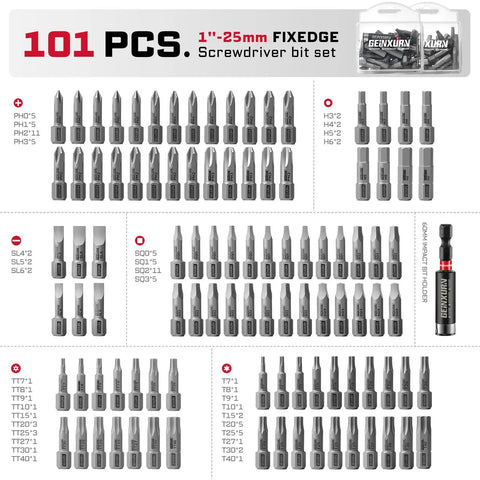 Heavy Duty 101 Piece Screwdriver Bit Set With 1 Inch Magnetic S2 Steel bits organized, including Phillips, slotted, and hex tips.
