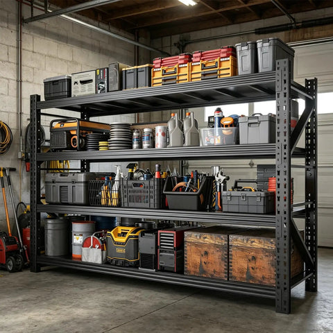 Beefed Up Garage Shelving System 73 Inches High, Ultra Heavy Duty, 4000 Pound Total Load Capacity, No Sag Steel Shelves With Reinforced Beams And Brackets, Easy Assembly, Holds Heavy Tools, Bins And Gear in garage