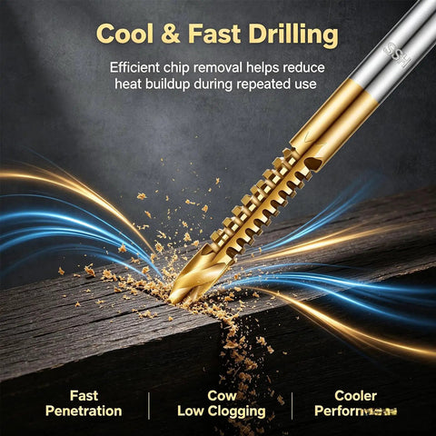 Six Piece HSS Twist Drill Bit Set Titanium Coated Workhorse for Woodworking and Sheet Metal Drilling, showing efficient chip removal.
