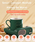 Keep Your Favorite Brew Piping Hot Desk Mug Warmer With Three Cozy Heat Levels And Gentle Glow Indicator For Home Office Coffee Cup Beverage Heater Continuously Locking In Ideal Sipping Temperatures Evergreen with coffee cup and display.