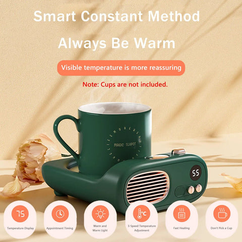Keep Your Favorite Brew Piping Hot Desk Mug Warmer With Three Cozy Heat Levels And Gentle Glow Indicator For Home Office Coffee Cup Beverage Heater Continuously Locking In Ideal Sipping Temperatures Evergreen with coffee cup and display.