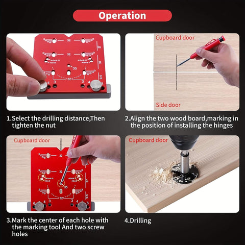 Adjustable Cabinet Hinge Jig For 35mm Drilling 45mm And 48mm Concealed Hinges Drill Guide Tool in use on wood.