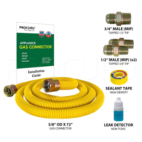 Five Eighth Inch Flexible Gas Connector Kit Seventy Two Inch Long Stainless Steel SafeGuard Yellow Weatherproof Coating Includes Brass Fittings For Stoves Ranges And Furnaces No Fuss Universal Fit product components including yellow connector, brass fittings, sealant tape, leak detector, and installation guide.