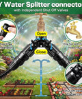 All In One Drip Irrigation Starter Kit With A Two Way Y Splitter, fits 3/4 inch faucet, tool-free, garden setup display