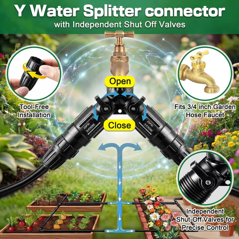 All In One Drip Irrigation Starter Kit With A Two Way Y Splitter, fits 3/4 inch faucet, tool-free, garden setup display