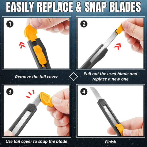 4 Pack Retractable Utility Knife With 9mm Snap Off Blades showcasing step-by-step blade replacement and snapping process.