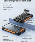 On The Go Solar Power Bank 20000mAh With Built In Cables 20W Fast Charge Portable External Battery Pack image showing solar panel and cables
