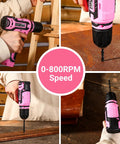 12V Cordless Drill Kit With Pink Design And LED Light 800 RPM Power Drill Set used on wood projects