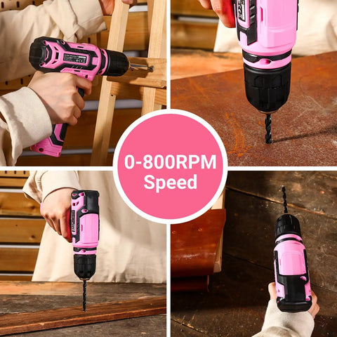 12V Cordless Drill Kit With Pink Design And LED Light 800 RPM Power Drill Set used on wood projects