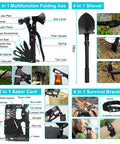 15-in-1 multitool, shovel, saber card, and bracelet from Survival Gear Pro Kit With 70L Large Camping Backpack And 38 Piece First Aid Survival Set For Outdoor Adventure Hiking Trekking Fishing All In One Camping Essentials In Camo