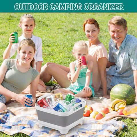 Family enjoying picnic with Collapsible Baby Bottle Wash Basin With Built In Drying Rack Two Point Four Gallon Foldable Dish Tub