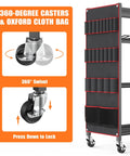 Side view of rolling power tool storage cart with four-tier drill organizer showing 360-degree casters and oxford cloth bag.