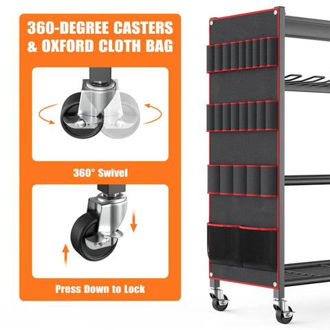 Side view of rolling power tool storage cart with four-tier drill organizer showing 360-degree casters and oxford cloth bag.