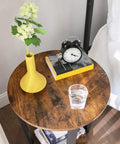 Round Side End Table Featuring Two Tier Storage Shelf No Sweat Assembly Nightstand For Cramped Rooms Super Sleek Bedside Accent Table In Rustic Brown And Ink Black For Living Space Or Bedroom Decor Total Haul with flower vase and clock