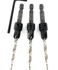 Wicked Sharp 45 Degree Size 8 Wood Countersink Drill Bit Set Three Piece Carbon Steel Hex Wrench with bits and wrench visible.