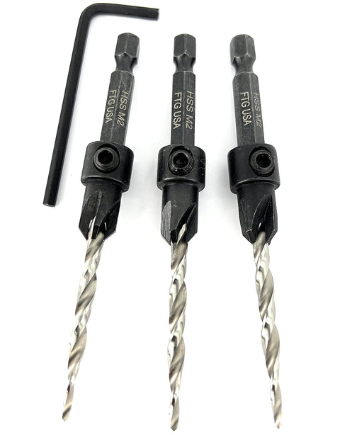Wicked Sharp 45 Degree Size 8 Wood Countersink Drill Bit Set Three Piece Carbon Steel Hex Wrench with bits and wrench visible.