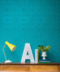 Egon Textured Vinyl Wallpaper Paintable White Unpasted Washable Strippable 21 Inch By 33 Feet Expanded Vinyl With Baroque Tile Style Decorative Pattern For Living Rooms And Hallways on a teal wall