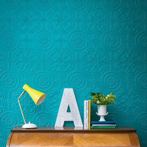 Egon Textured Vinyl Wallpaper Paintable White Unpasted Washable Strippable 21 Inch By 33 Feet Expanded Vinyl With Baroque Tile Style Decorative Pattern For Living Rooms And Hallways on a teal wall