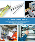 Pro Grade Manual DIN Rail Cutter for 35mm aluminum rails with measuring ruler, tools and control cabinets in industrial use.