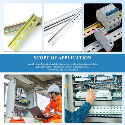 Pro Grade Manual DIN Rail Cutter for 35mm aluminum rails with measuring ruler, tools and control cabinets in industrial use.