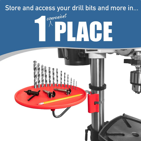 Drill Press Tool Tray With 11 Inch Diameter 360 Degree Rotating Tray Steel Swing Arm Mounting Bracket And 4 Inch Steel Band Clamp For Grab And Go Quick Bit Access And An Organized Workshop