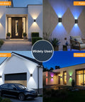 Four Pack Solar Wall Lights For Outdoor Use With Dusk To Dawn Sensor, mounted on garage and patio walls, showcasing various RGB lighting.