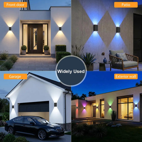Four Pack Solar Wall Lights For Outdoor Use With Dusk To Dawn Sensor, mounted on garage and patio walls, showcasing various RGB lighting.