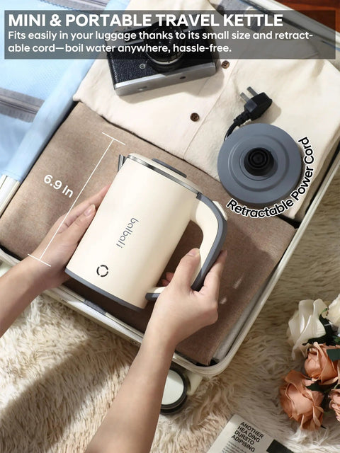 Person packing the On The Go Grab And Go Portable Electric Kettle 24oz Mini Travel Kettle for Camping and Office into a suitcase