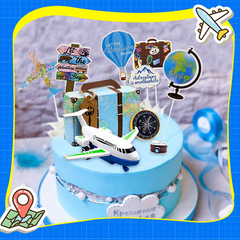 Adventure Travel Cake Topper Set For Party Decor All In One Travel Themed Cupcake Toppers With Suitcase Boxes Mini Camera Airplane