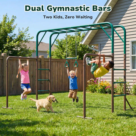Two kids playing on 3 In 1 Monkey Bars Set With Gymnastics Bars And Trapeze Swing For Backyard Fun, dog running nearby