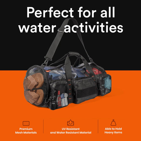 90L Mesh Duffle Bag For Scuba Gear And Snorkel Equipment, showing its capacity and mesh material, perfect for water activities.