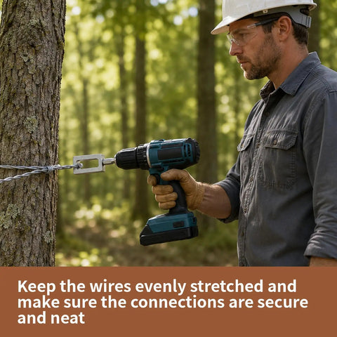 Person using a 2 Piece Wire Twister Drill Bit Set 1/4 Inch Hex Shank for electrical connections on a tree.